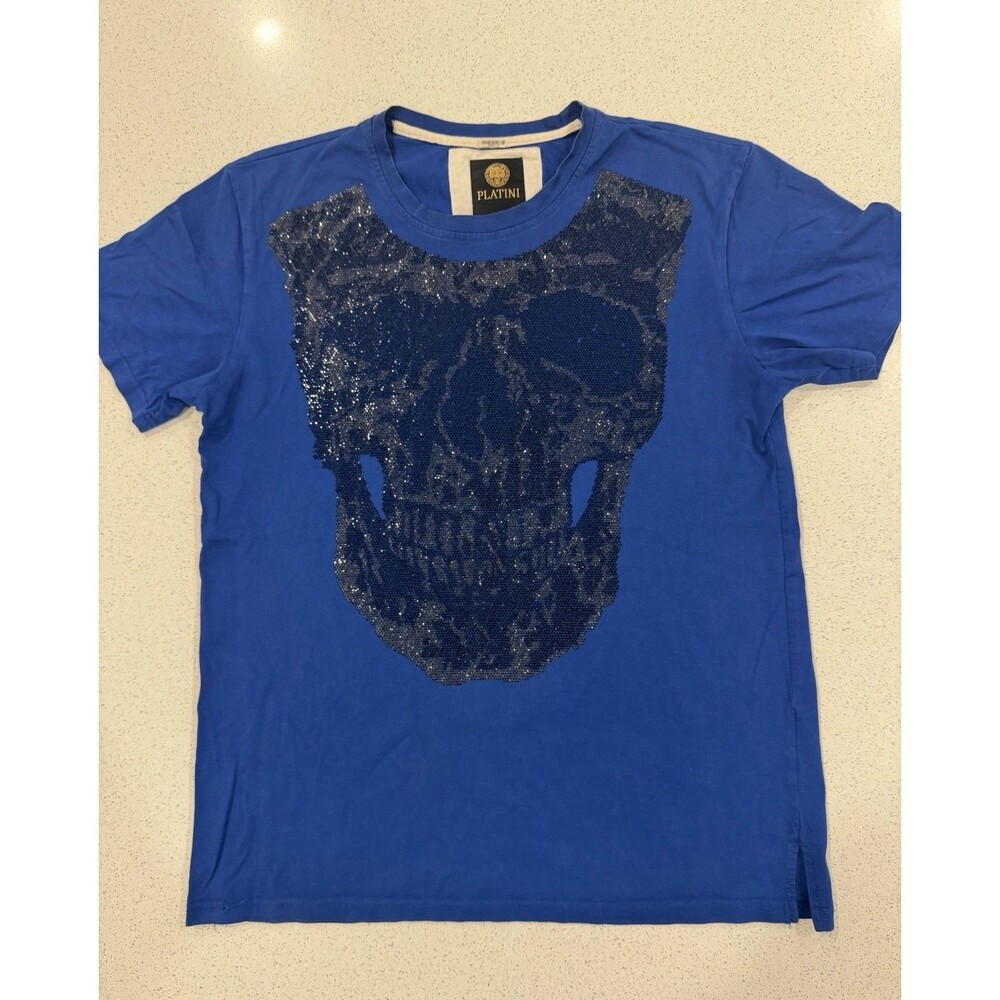 Platini Men’s Royal Blue Crew Neck Cotton Rhinestone Skull Graphic Large